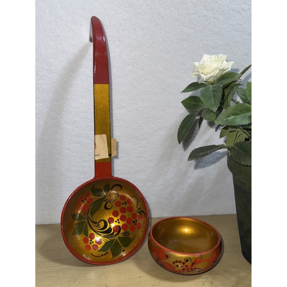 Khokhloma Russian Wooden‎ Lacquer Folk Art USSR Decorative Ladle And Sml Bowl.
